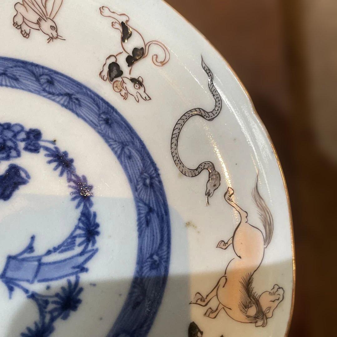 古伊万里　色絵染付松竹梅十二支文皿