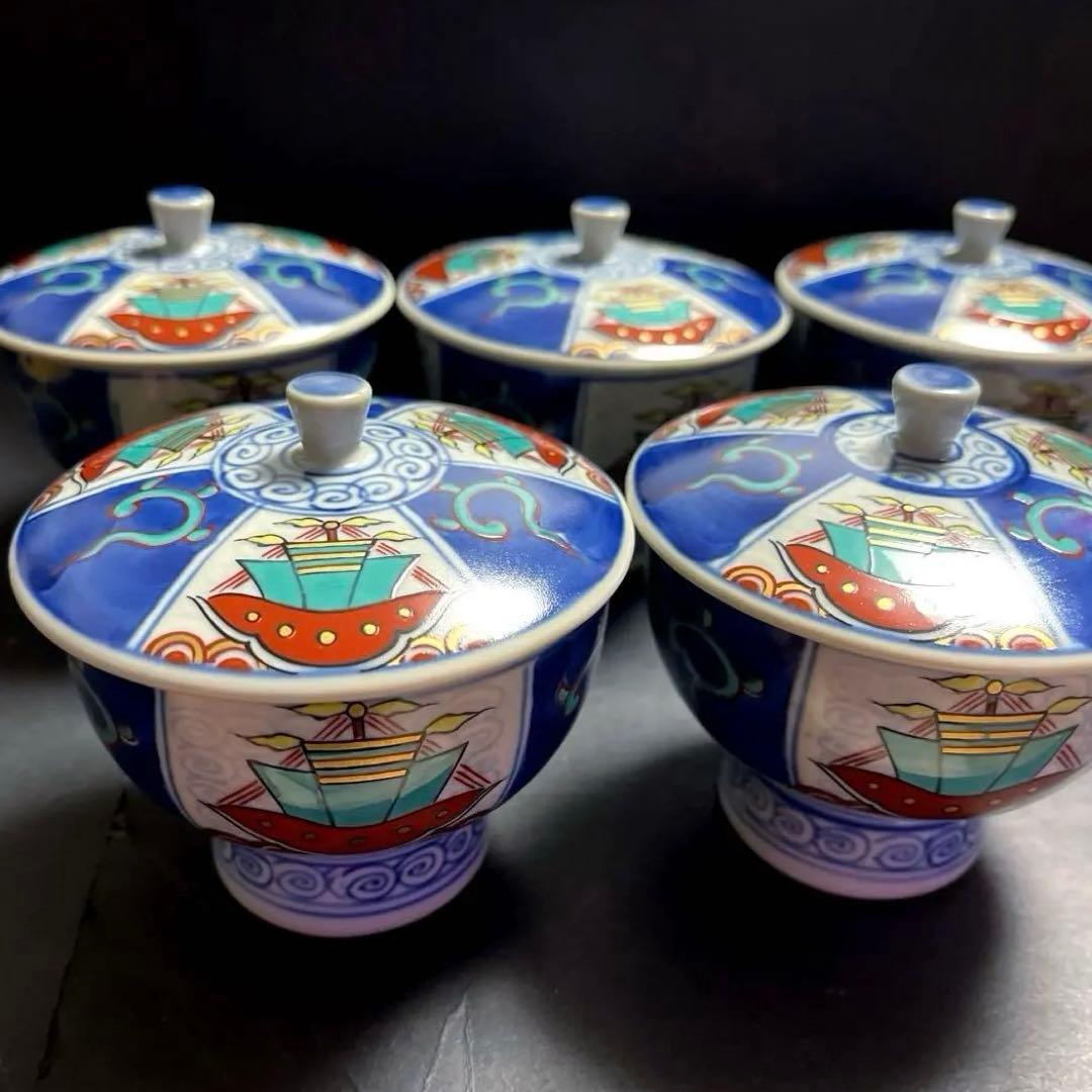 九谷焼　角福　染付 伊万里 南蛮色絵 和食器 蓋付き湯呑み茶碗　五客 セット