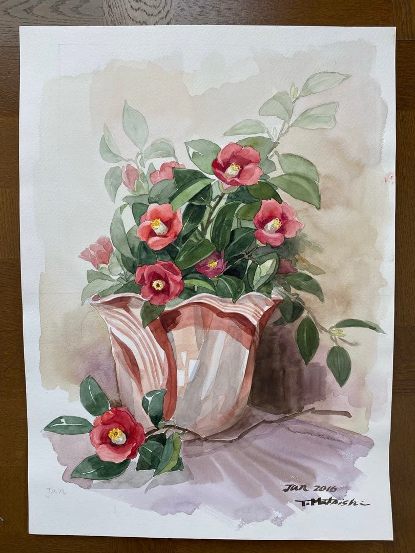 水彩画　椿　つばき　花の絵　冬の絵　美術　アート　赤い花　絵画