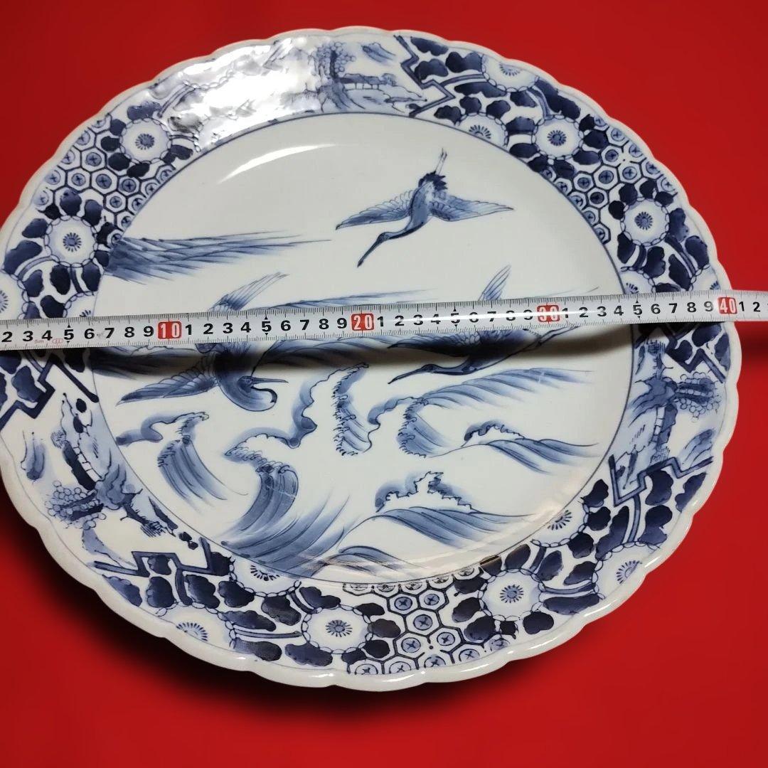 伊万里焼、青い鳥と波の模様の染付大皿、キズ無し 約40cm