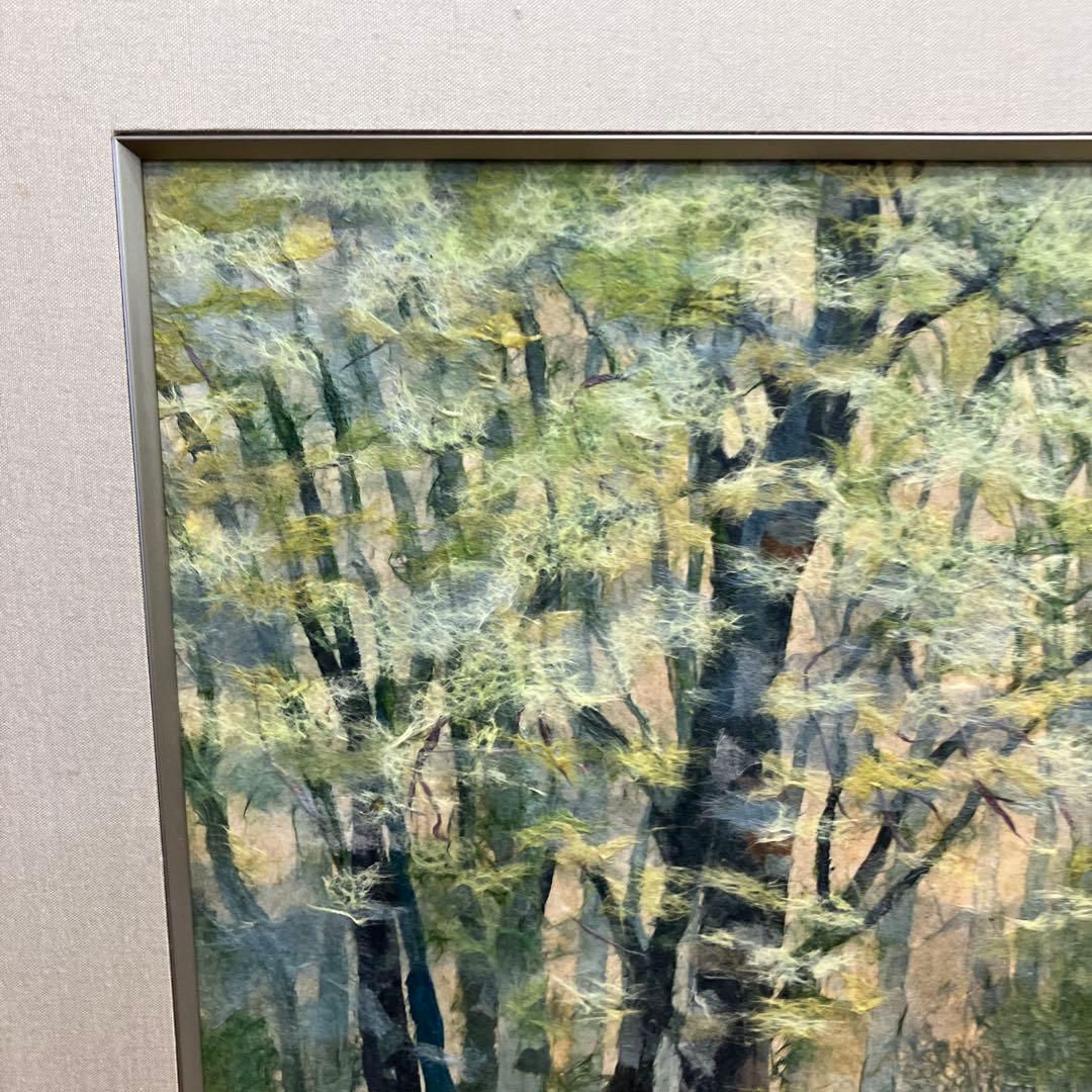 昭和レトロ ちぎり絵 風景画 森 樹木 額装 落款入り 原画 和紙 アート