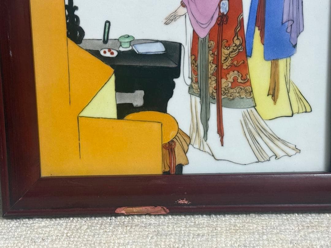 中国　陶板　色絵　人物　額装　送料込み260407