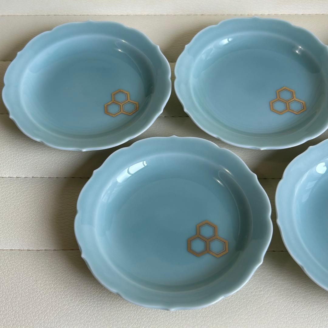 有田焼　深川製磁　青磁　小皿揃　５枚セット　金彩　亀甲紋　輪花皿　和食器　ブルー