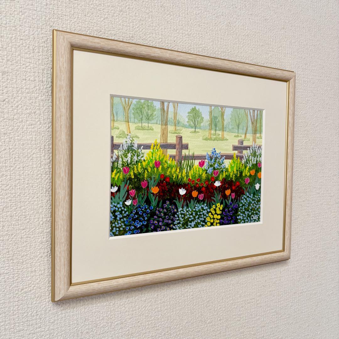 アクリル画　原画　「小さな花壇02」額縁付　SMサイズ
