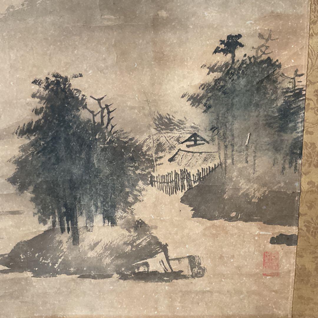 中国画 紙本水墨山水図 軸先陶器軸