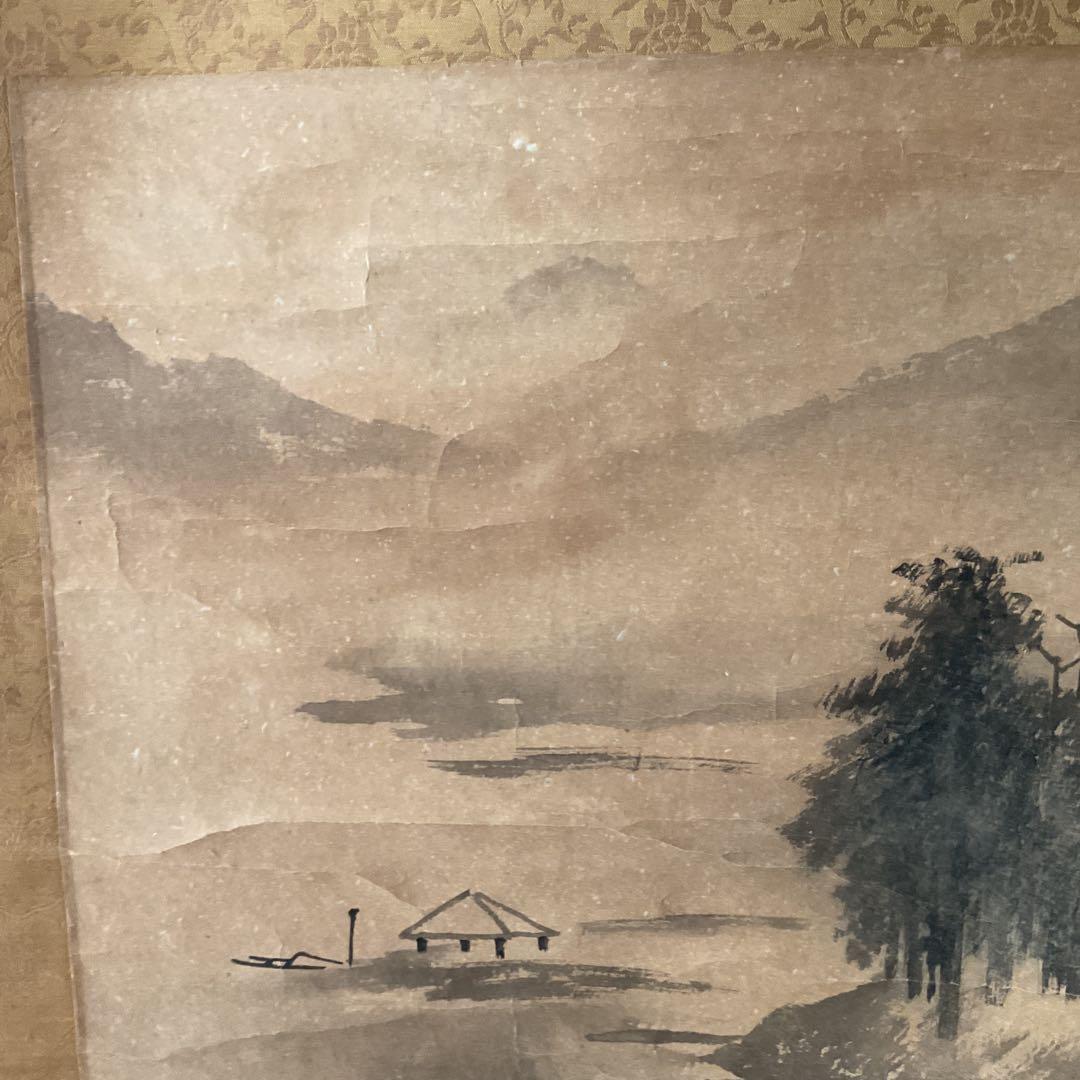 中国画 紙本水墨山水図 軸先陶器軸