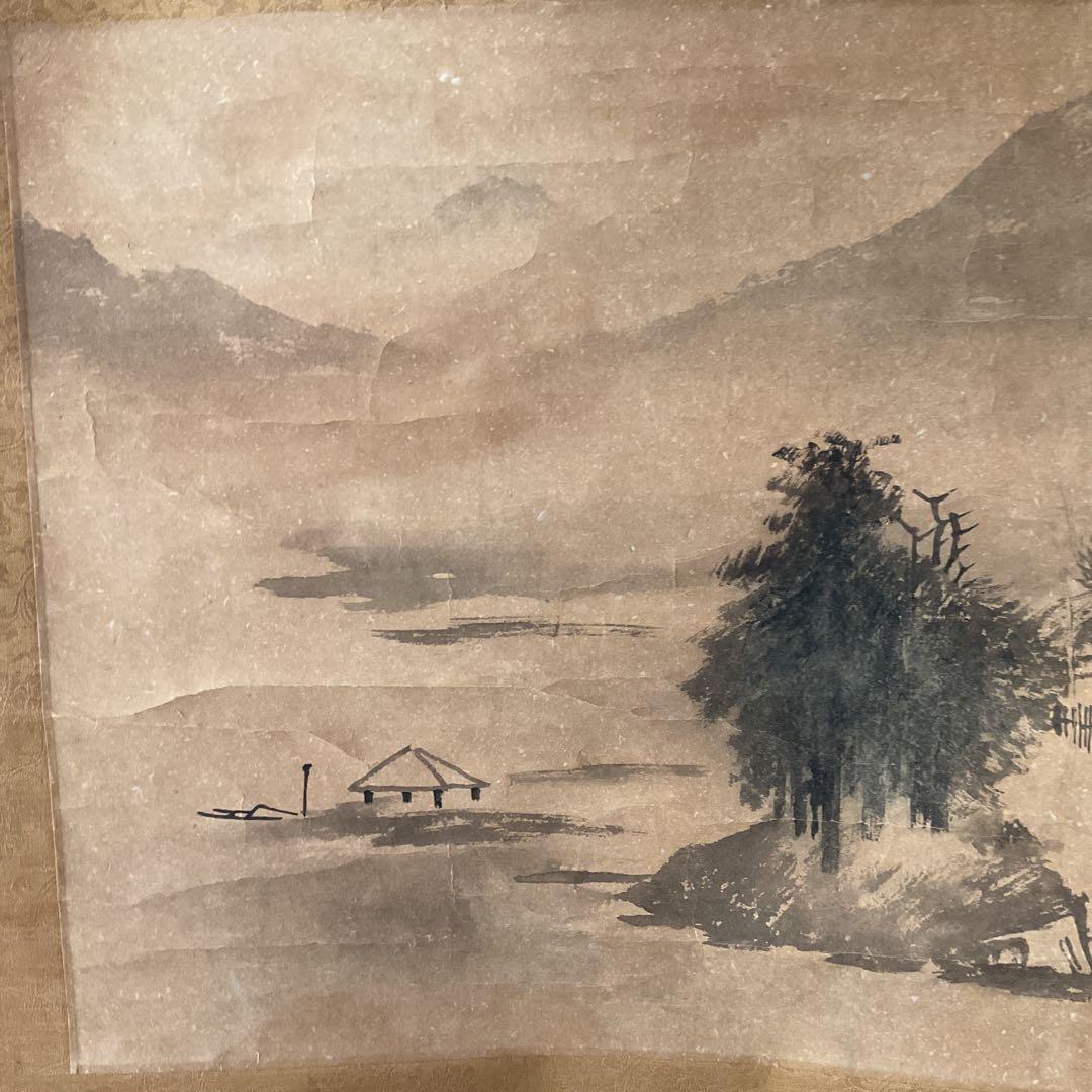 中国画 紙本水墨山水図 軸先陶器軸