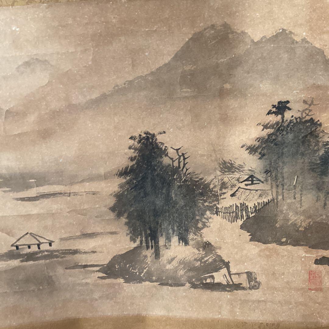 中国画 紙本水墨山水図 軸先陶器軸