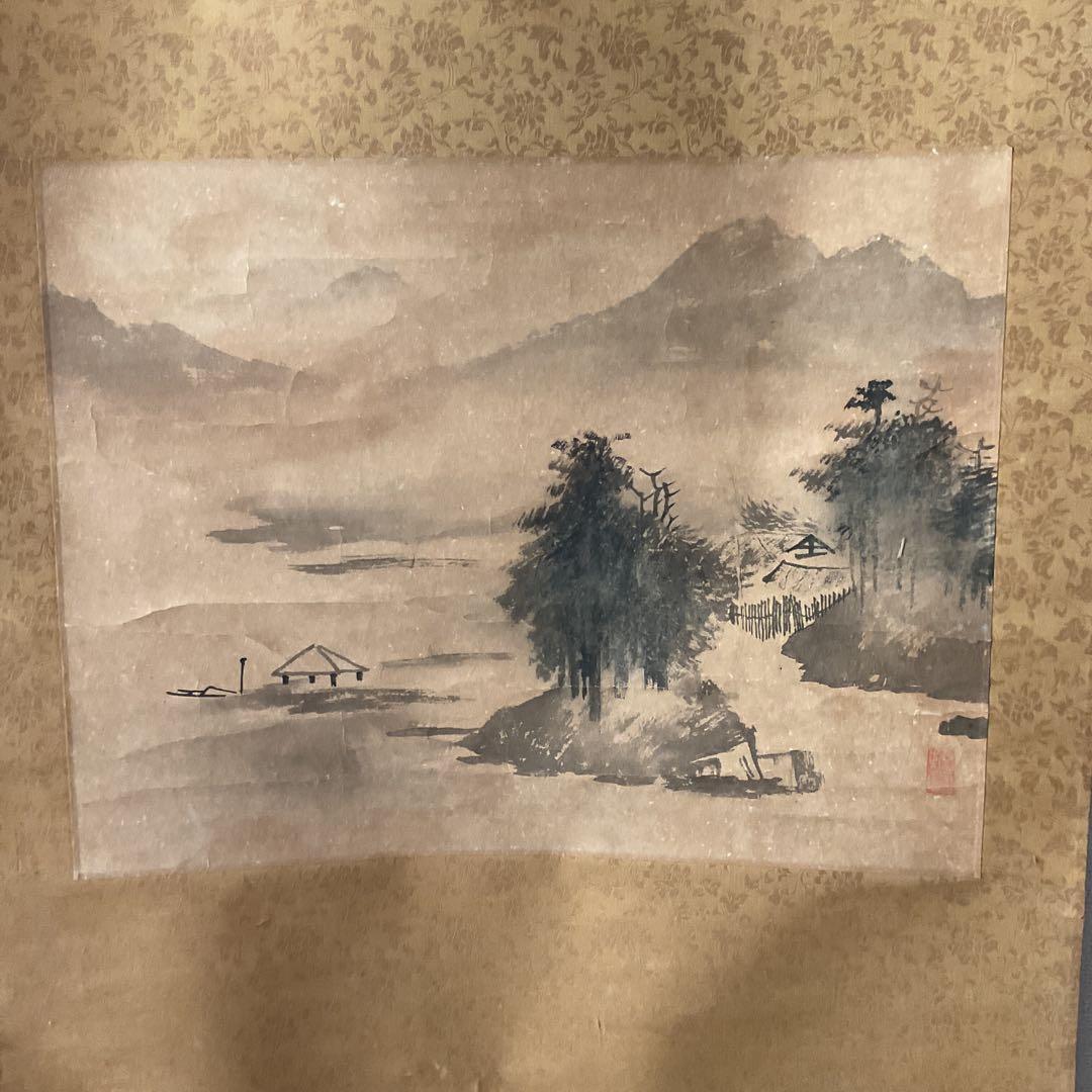 中国画 紙本水墨山水図 軸先陶器軸