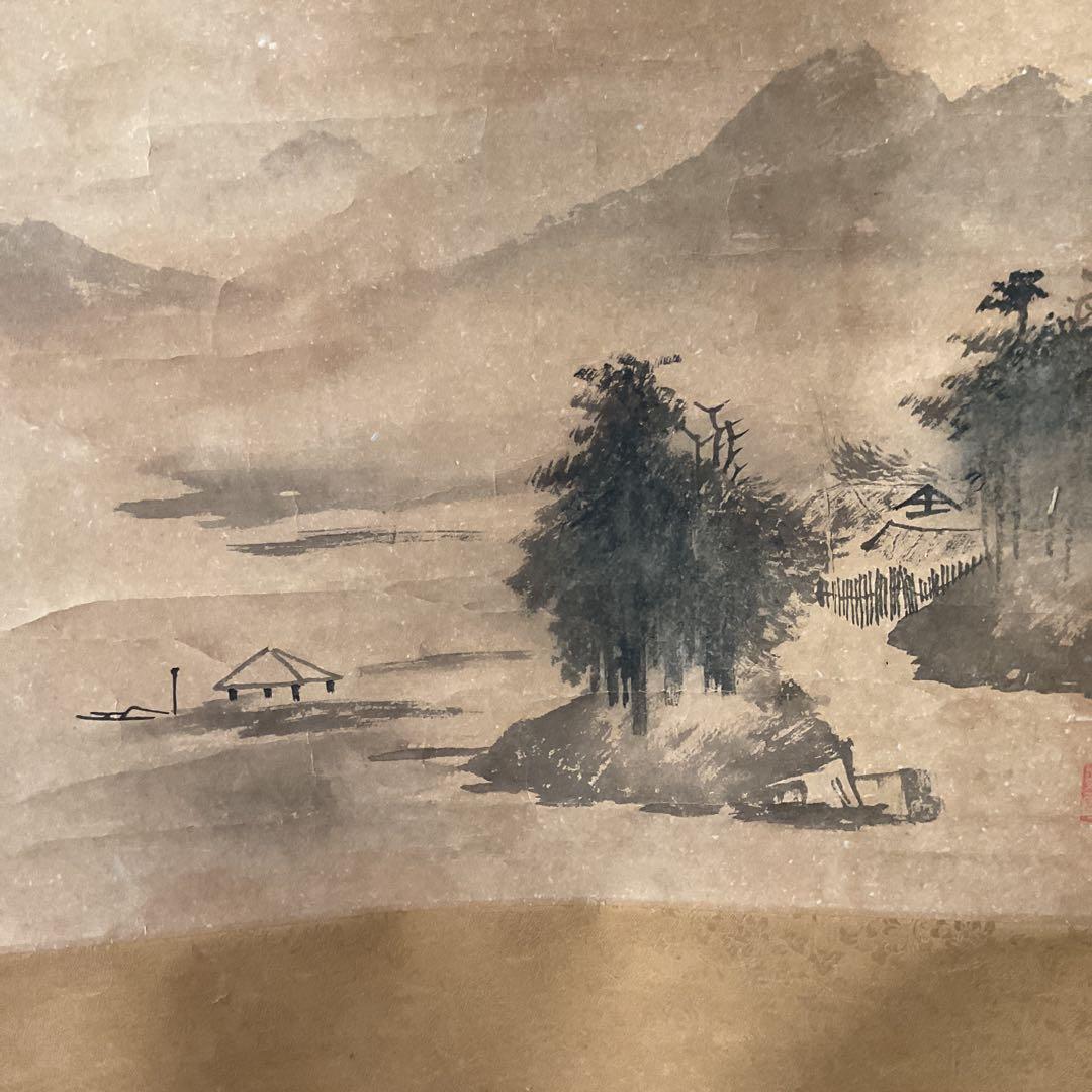中国画 紙本水墨山水図 軸先陶器軸