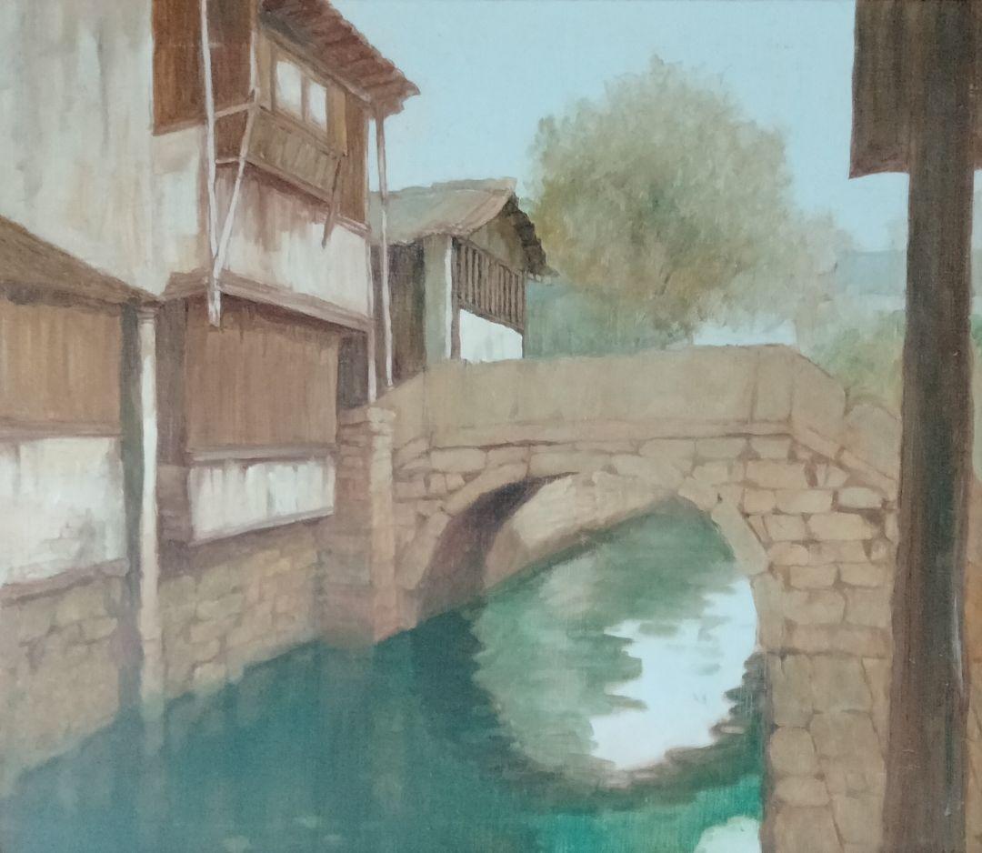 中国骨董　旧家蔵、油絵名作【中国紹興水郷風景】高級額縁入り