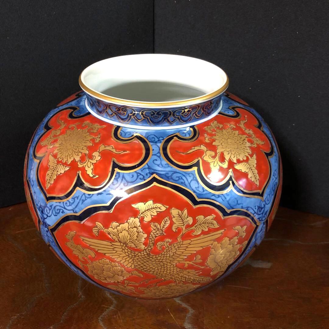 有田焼　花瓶　大　勝山　赤絵描金花鳥柄　共箱