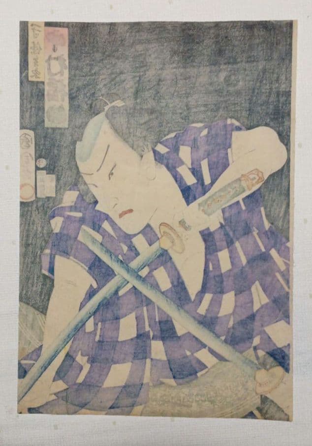 浮世絵版画、役者絵三枚綴か2枚綴りの内の１枚売り、豊原国周画慶応元年出版
