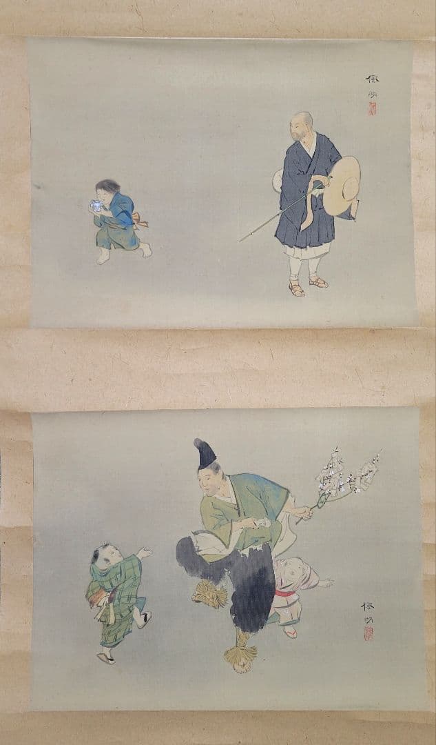 松本楓湖　人物　色紙2枚　歴史画　掛け軸　合わせ箱　書画、骨董品、美術品