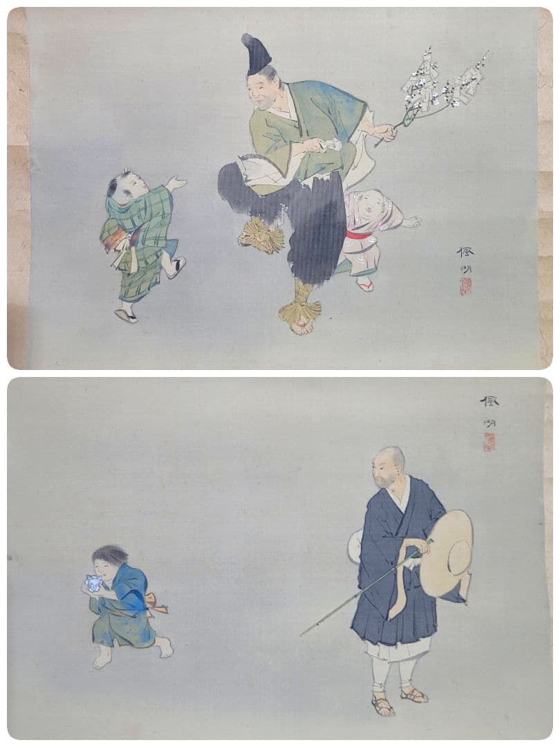 松本楓湖　人物　色紙2枚　歴史画　掛け軸　合わせ箱　書画、骨董品、美術品