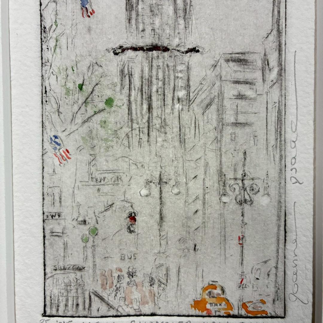 美品 ジョアン・アイザック「ニューヨーククライスラービル」銅版画+手彩 サイン有