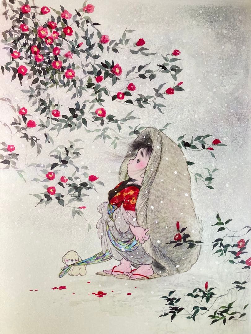 【真作保証】中島潔「寒椿」リトグラフ 直筆サイン 版画 絵画 額装 あずま工芸