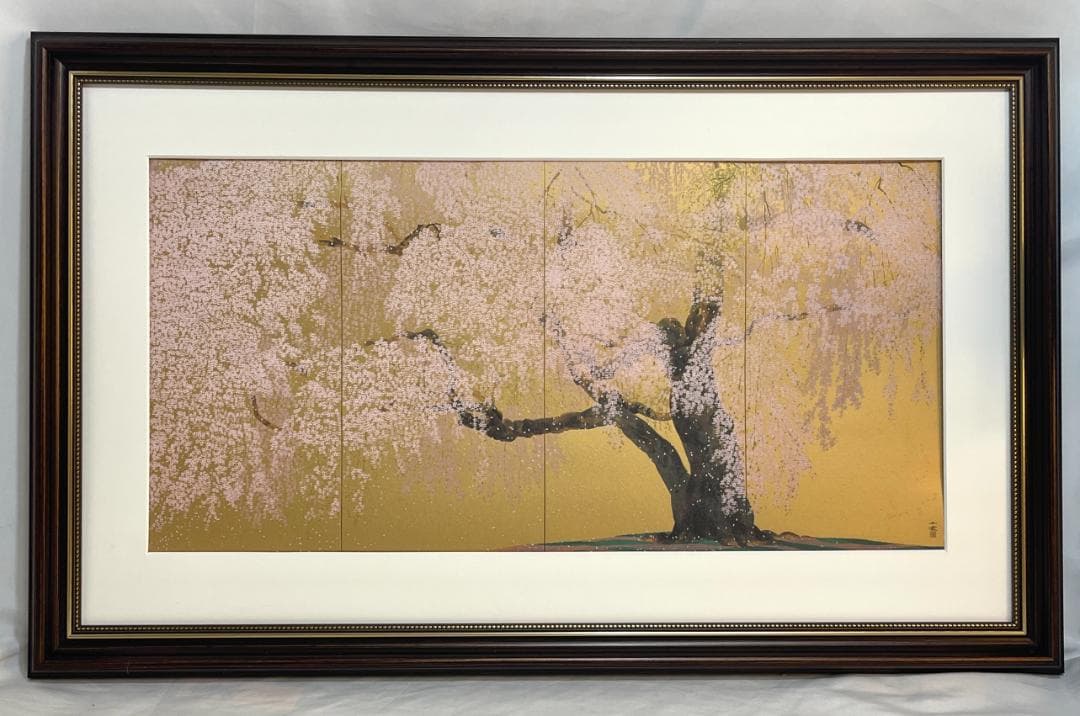 【新品】中島千波 『醍醐寺三宝院枝垂桜..』ポスター 複製　セピア額付　 金背景
