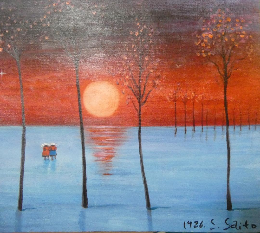 絵画 風景 斎藤眞一「陽の雪原」 サイン 額装済み 肉筆手描き F6