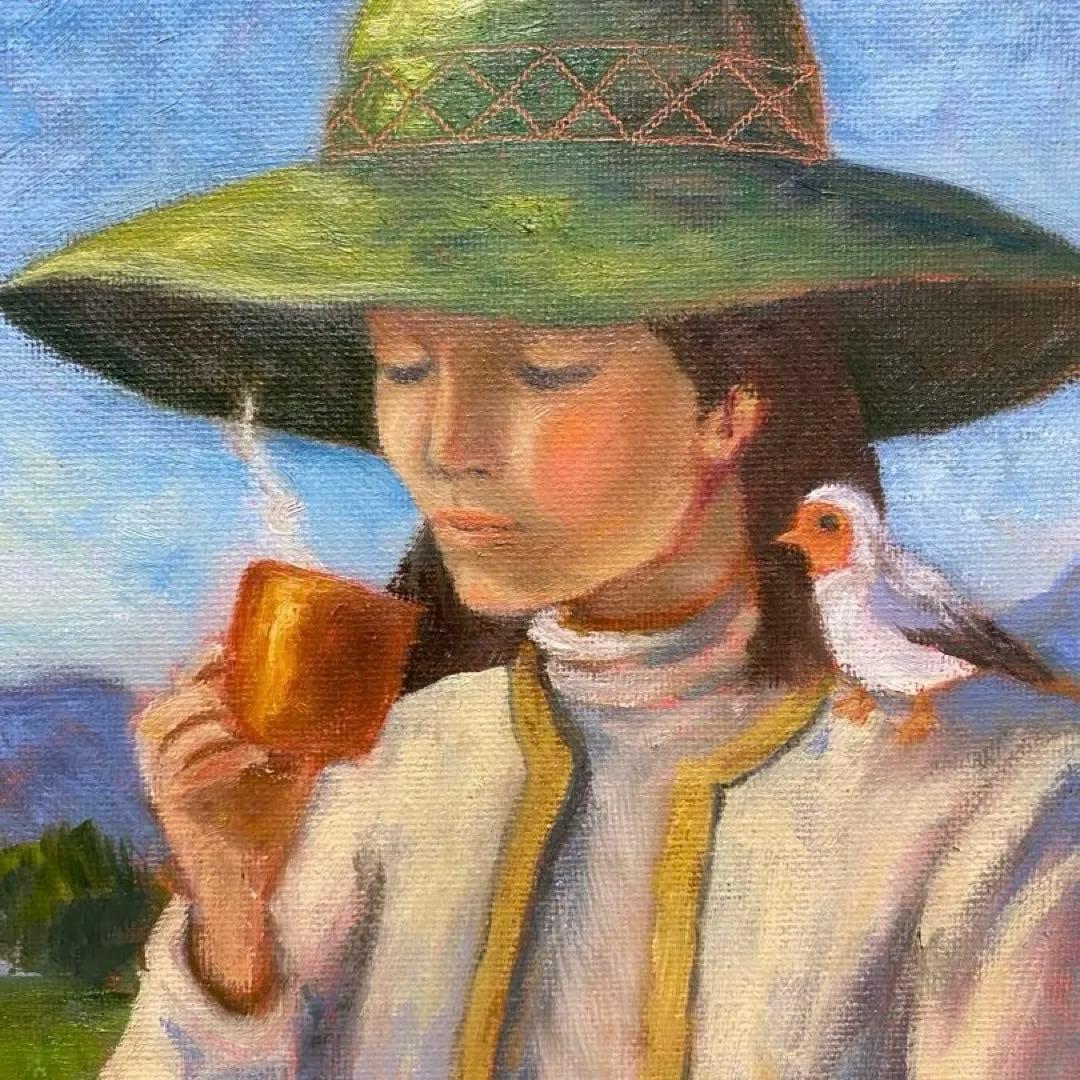 小鳥と女性のモーニングF4 油彩画 絵画