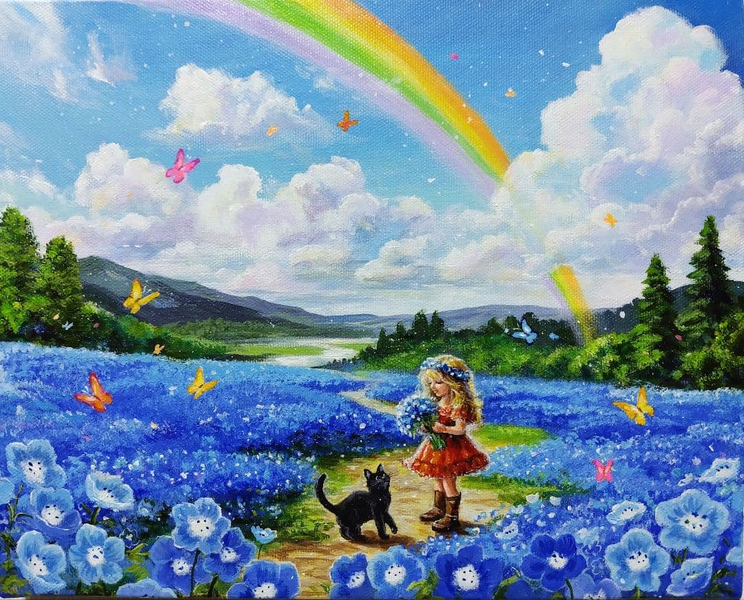 K*Z様 【青い花が輝く日】アクリル画 F3 風景画 絵画