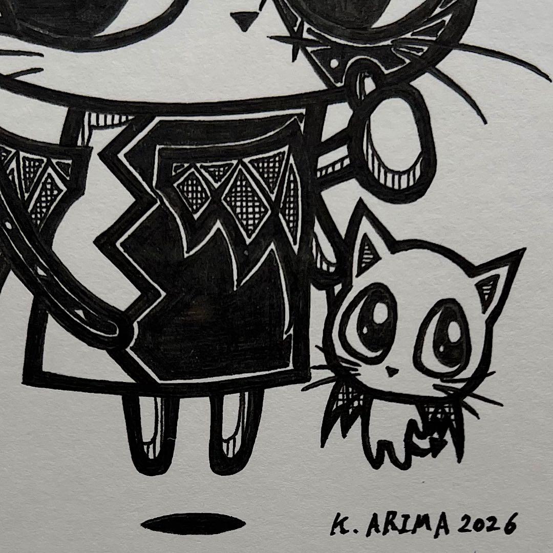 動物 原画 絵 手描き 癒し 猫 一点物 額縁付き 『小悪魔探偵ララちゃん』