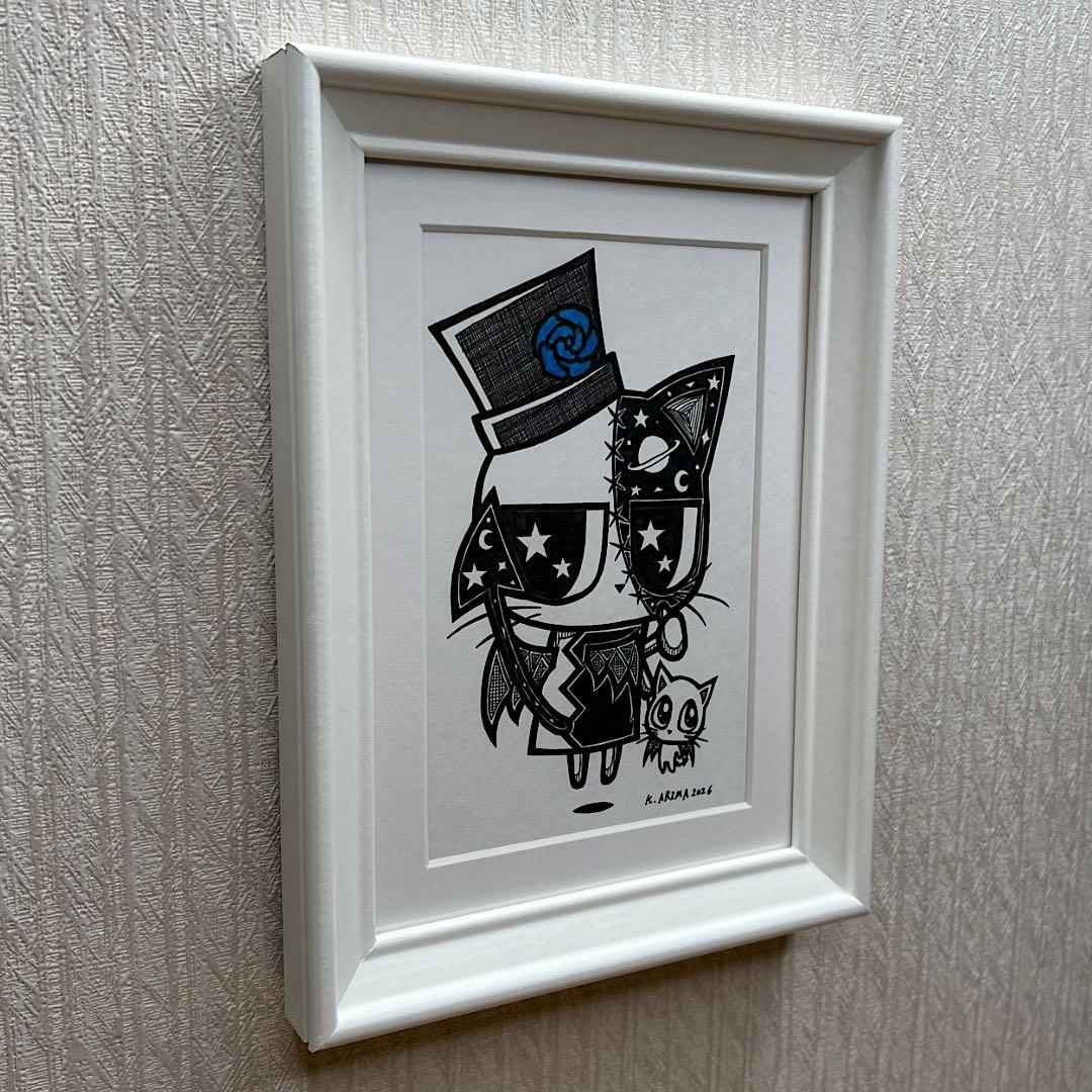 動物 原画 絵 手描き 癒し 猫 一点物 額縁付き 『小悪魔探偵ララちゃん』