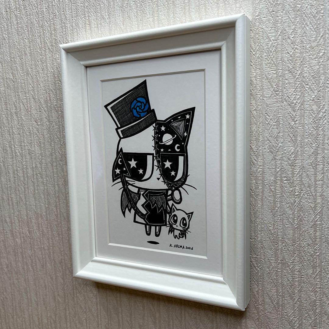動物 原画 絵 手描き 癒し 猫 一点物 額縁付き 『小悪魔探偵ララちゃん』