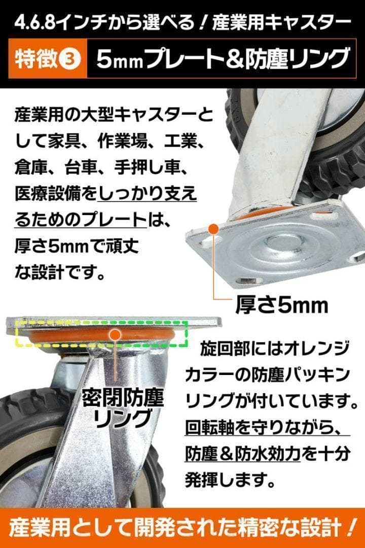 産業用キャスター 6インチ 4個 ブレーキ有×2個 ブレーキ無×2個 1784