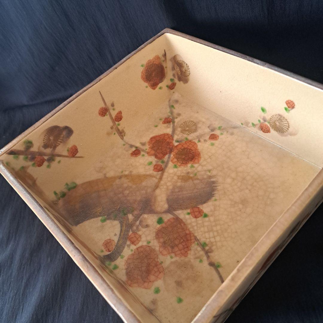 「京焼の美 \"雲楽\"(うんらく)の菓子鉢」 色絵角鉢(幅20cm) 骨董アンティ