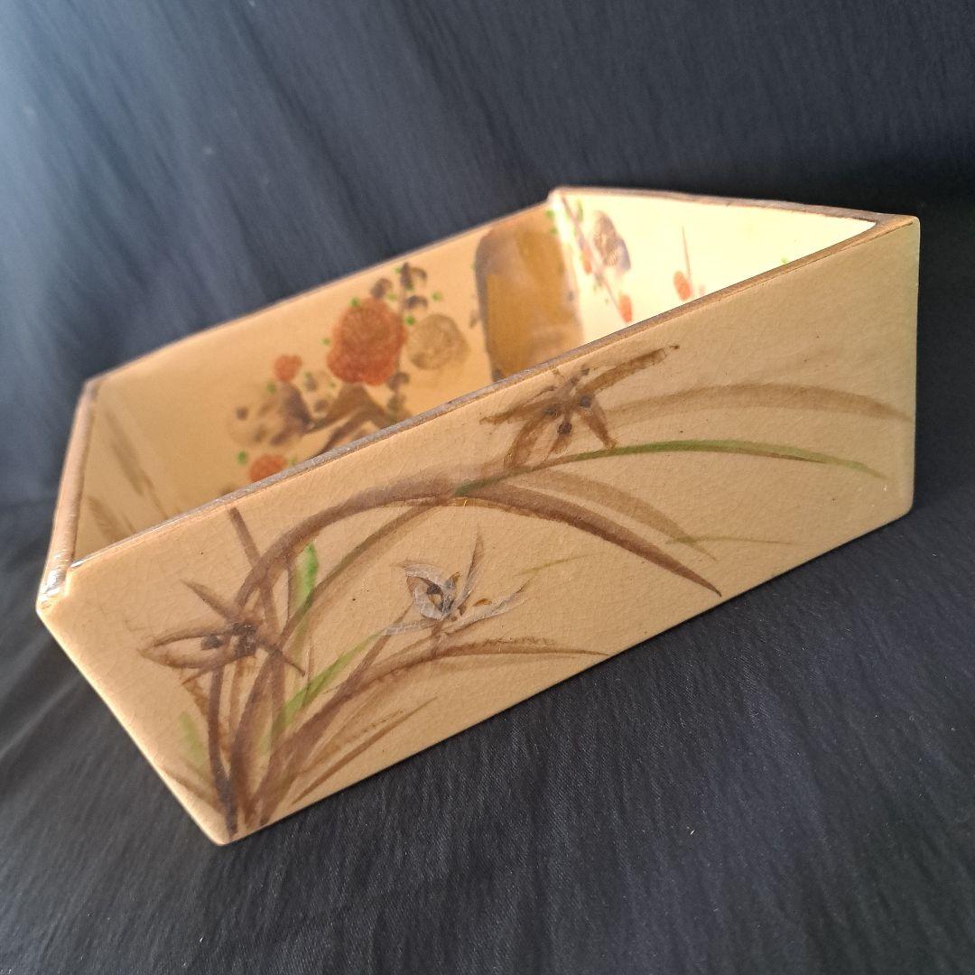 「京焼の美 \"雲楽\"(うんらく)の菓子鉢」 色絵角鉢(幅20cm) 骨董アンティ