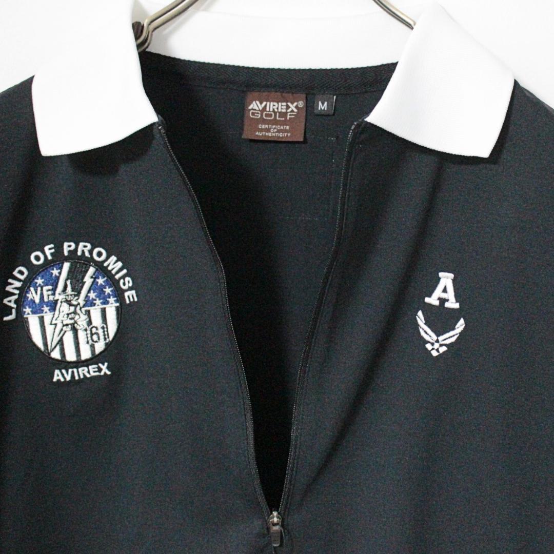 新品 アヴィレックス ゴルフ ワッペン刺しゅう ハーフジップ ポロシャツ M 黒