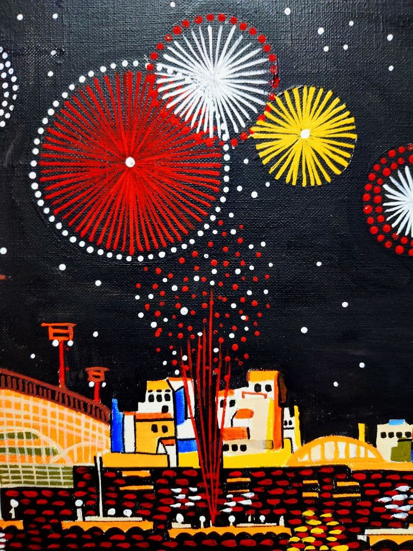 【F6号】山下清【両国の花火】手描き/表裏サイン・共シール有り/油彩/油絵/額縁
