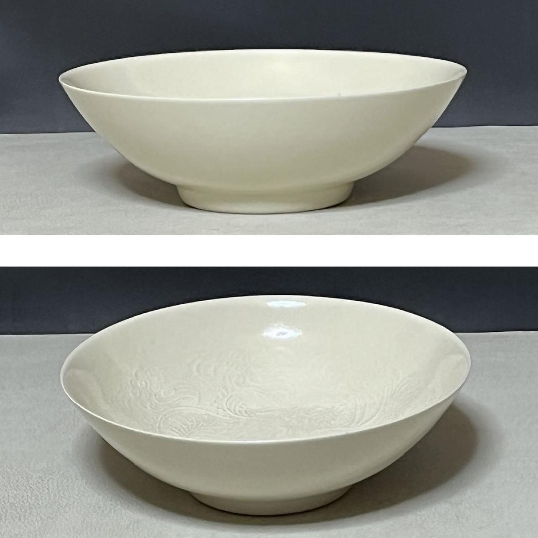 加藤渓山 牙黄磁 華鳥彫刻 鉢 共箱 菓子鉢 茶道具 【k3223a】