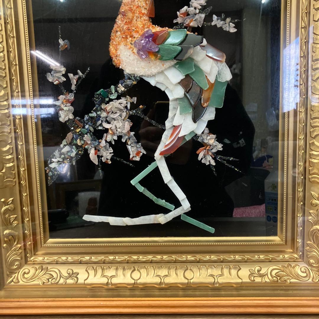 開運 縁起物 天然石アート 石画 鳳凰 額装 豪華ゴールドフレーム 壁掛け