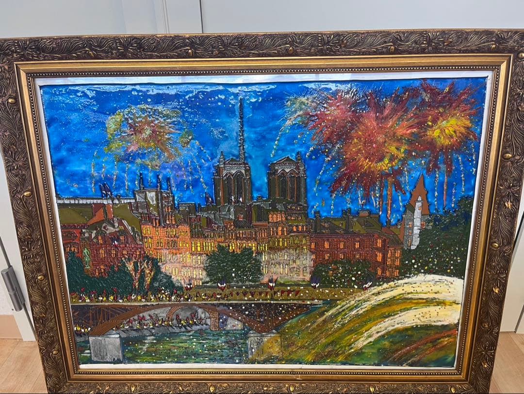油彩画　花火　絵画　額縁　インテリア　ビーズ