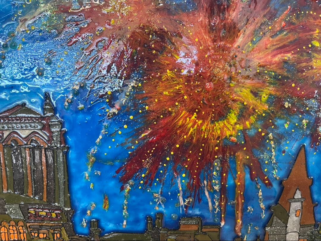 油彩画　花火　絵画　額縁　インテリア　ビーズ