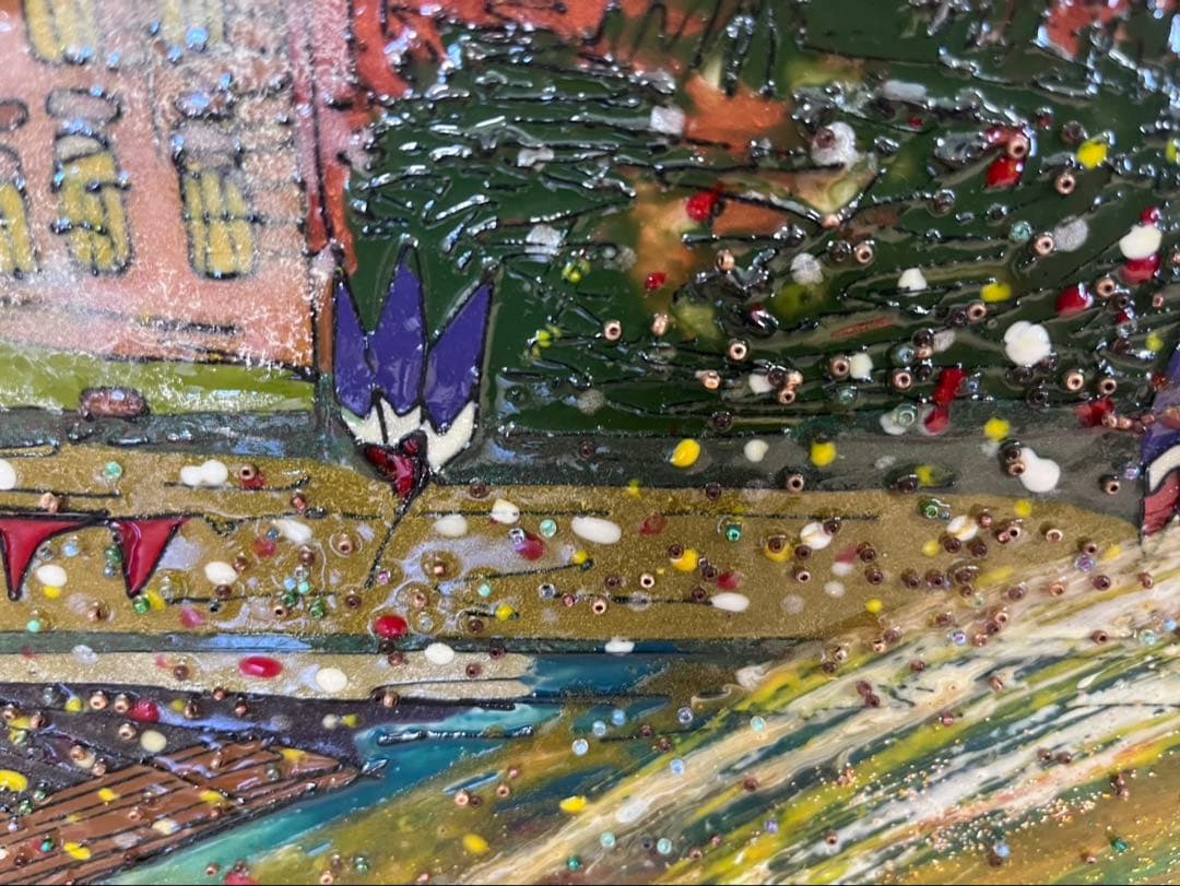 油彩画　花火　絵画　額縁　インテリア　ビーズ