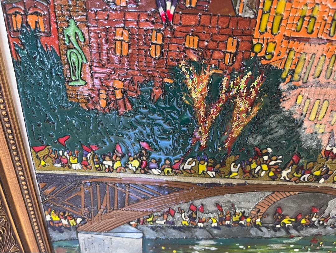 油彩画　花火　絵画　額縁　インテリア　ビーズ