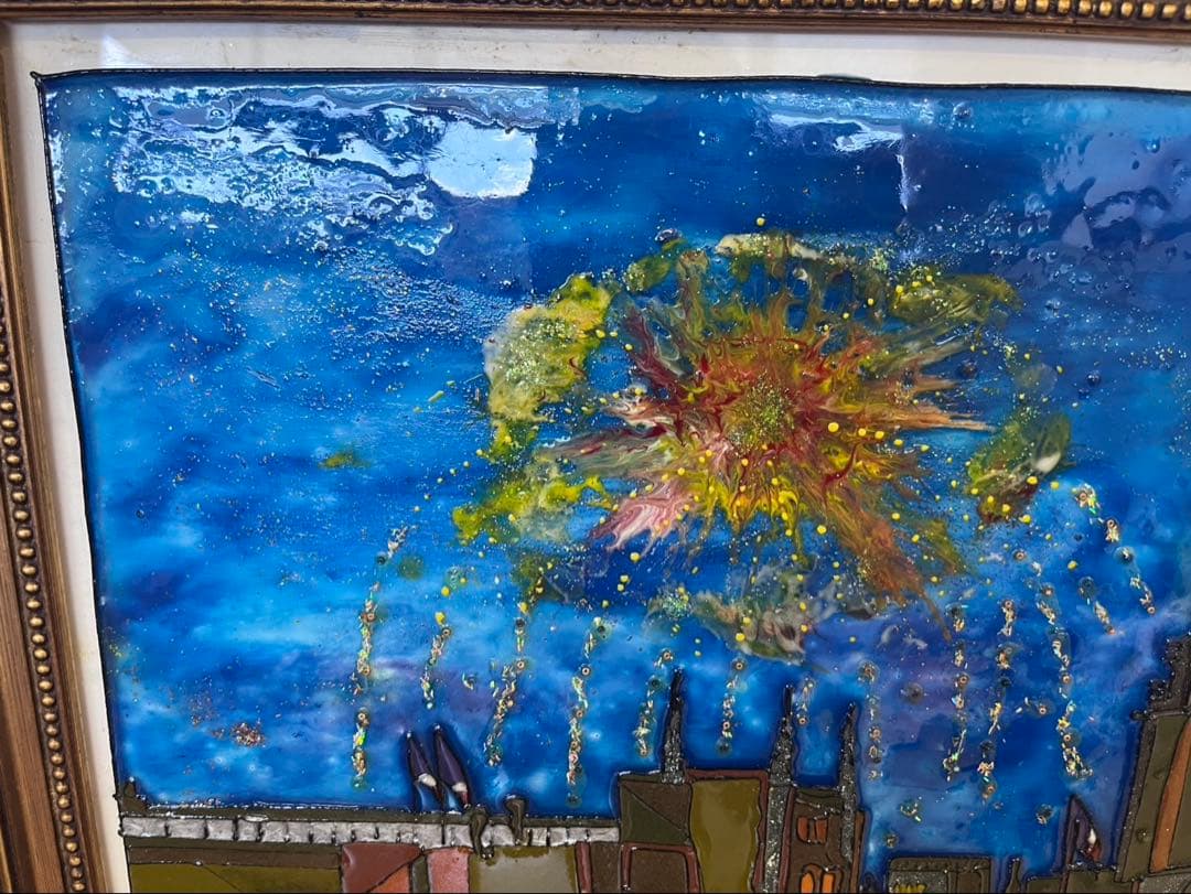 油彩画　花火　絵画　額縁　インテリア　ビーズ