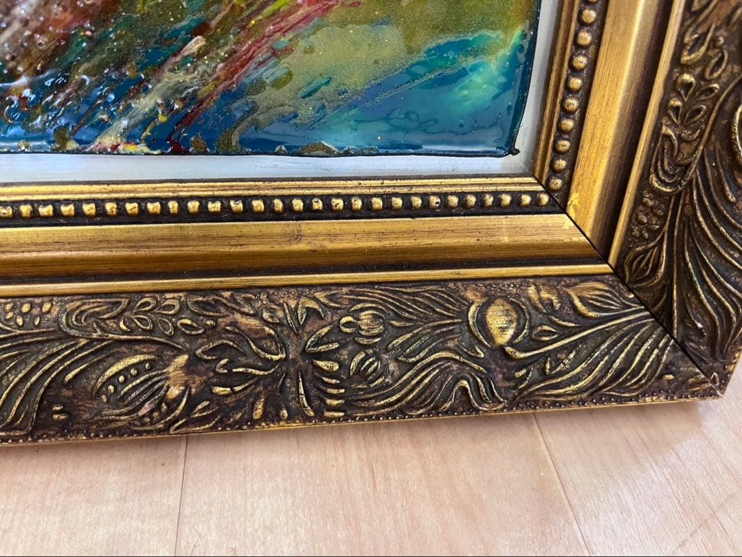 油彩画　花火　絵画　額縁　インテリア　ビーズ
