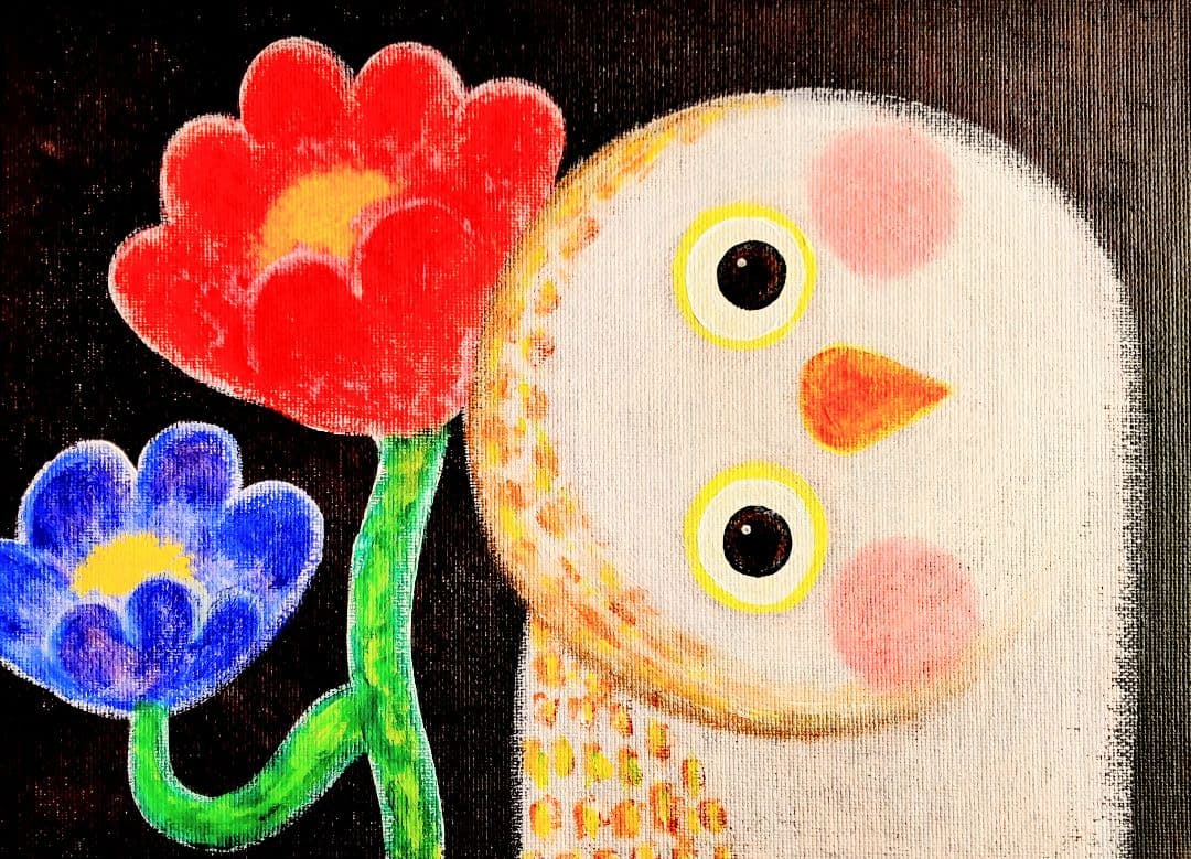 絵画 原画『かもね』キャンバス(F4号) ふくろう 花 幸せ アート 一点もの