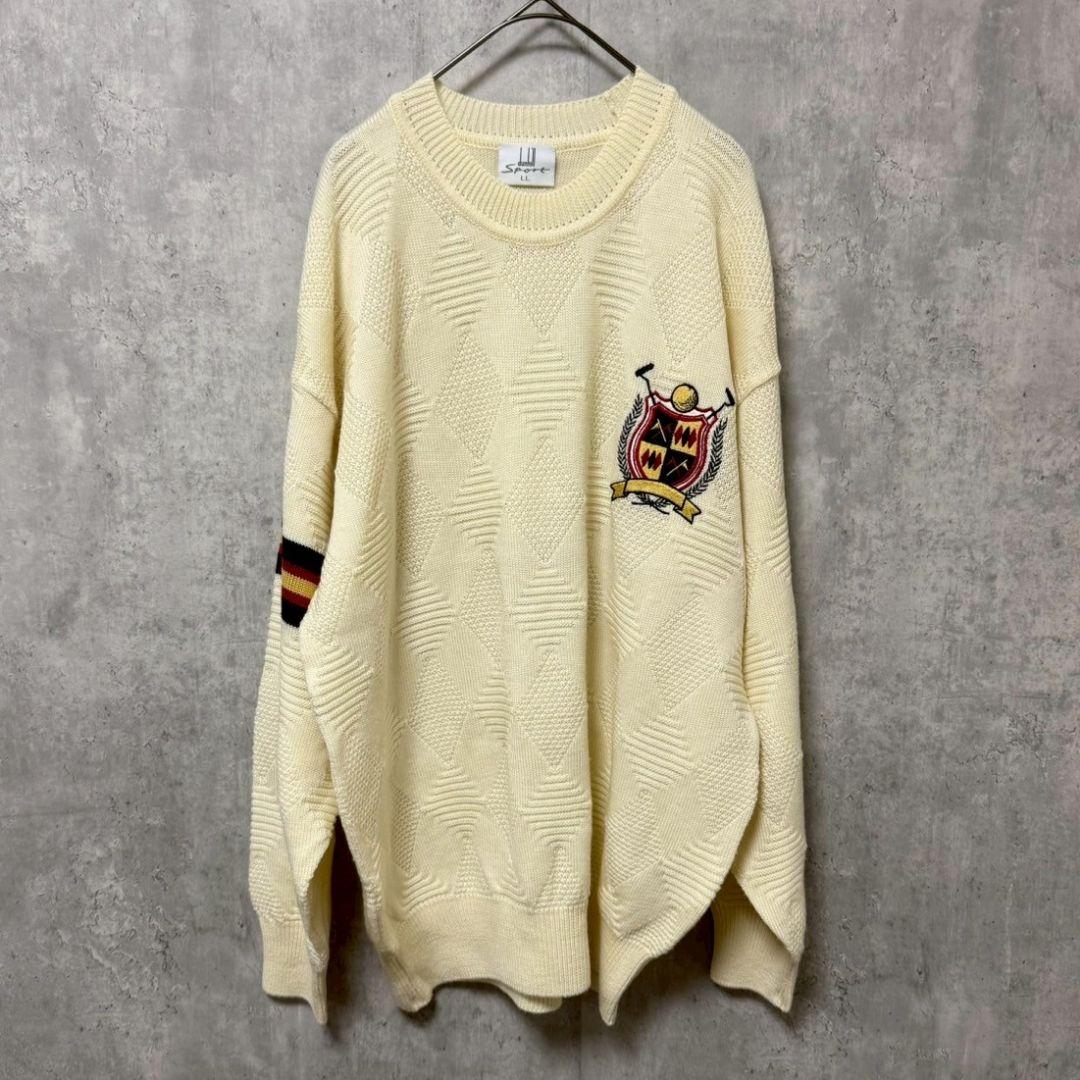 ✴️ダンヒルスポーツ　ゴルフ　ニット　刺繍　アーガイル柄　アイボリー　LL