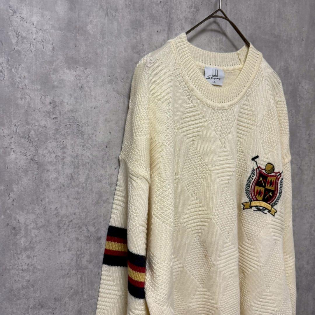 ✴️ダンヒルスポーツ　ゴルフ　ニット　刺繍　アーガイル柄　アイボリー　LL
