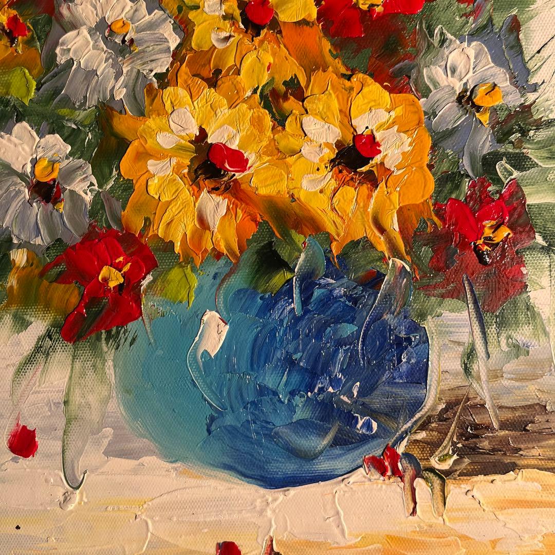 手書き油絵 花瓶の花 額付 絵画 インテリア 油彩画