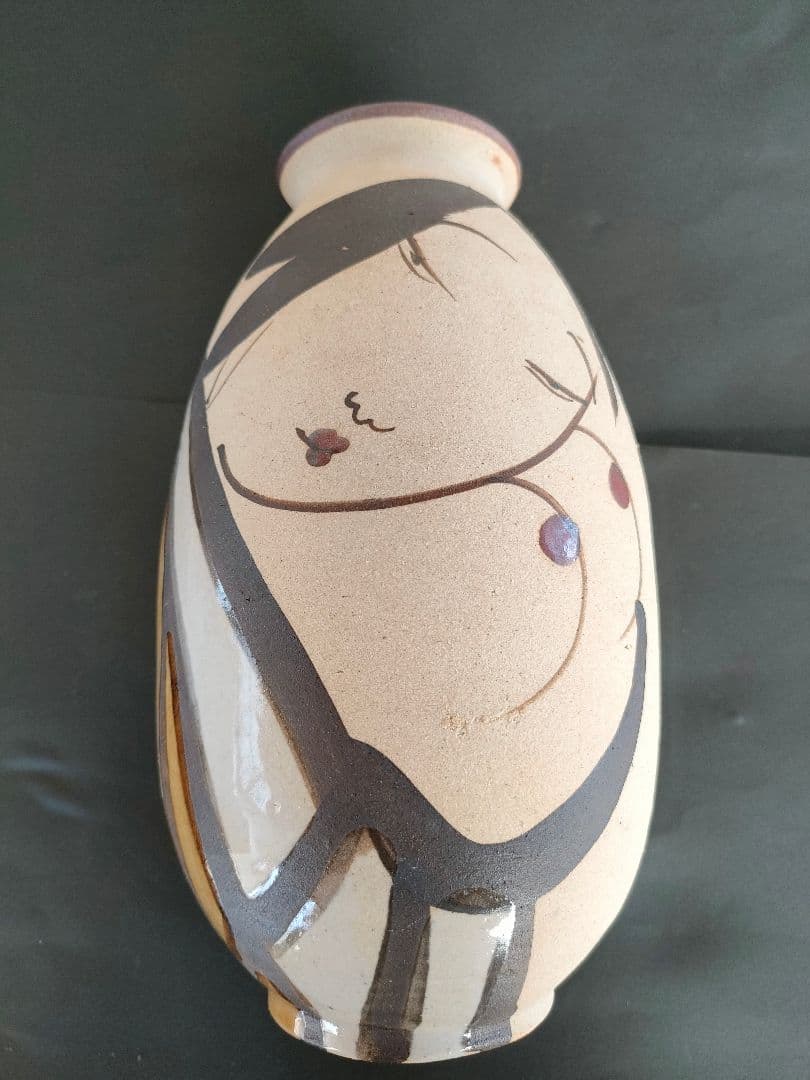 ●中国石湾虞公窯伝統手製陶芸品 天長地久 裸婦南天蜻蛉文鉄絵花器縁起物高26cm