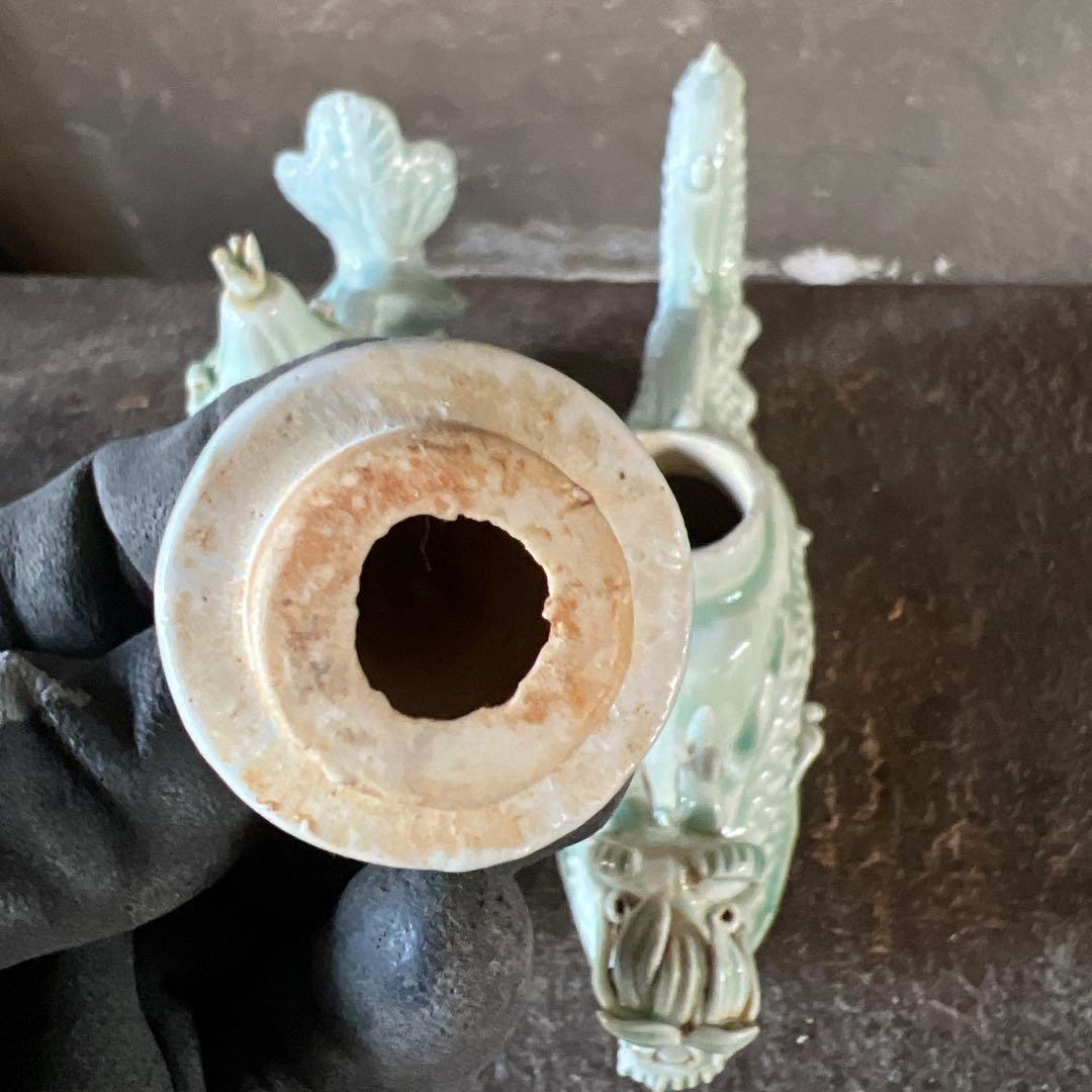 実家整理 古い青磁の置物二点　水注？