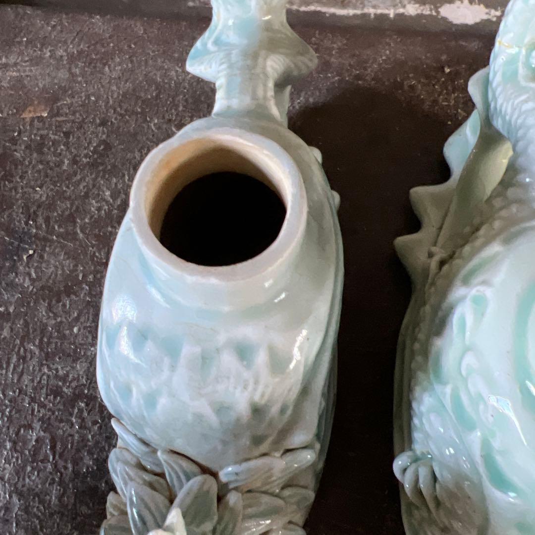 実家整理 古い青磁の置物二点　水注？