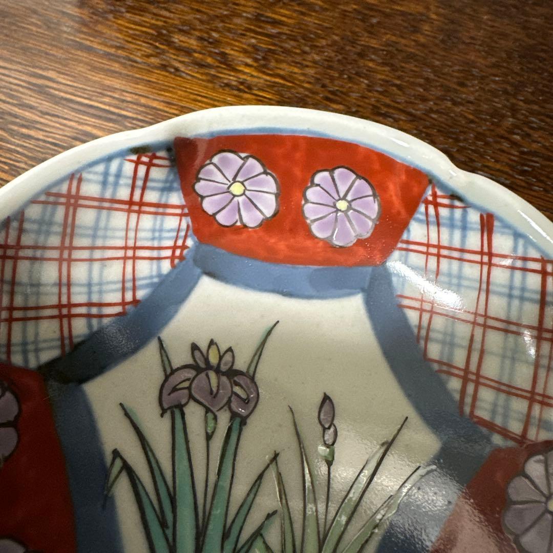 新品、佐藤走波(五代. 68才)染め錦、あやめと格子文の小鉢