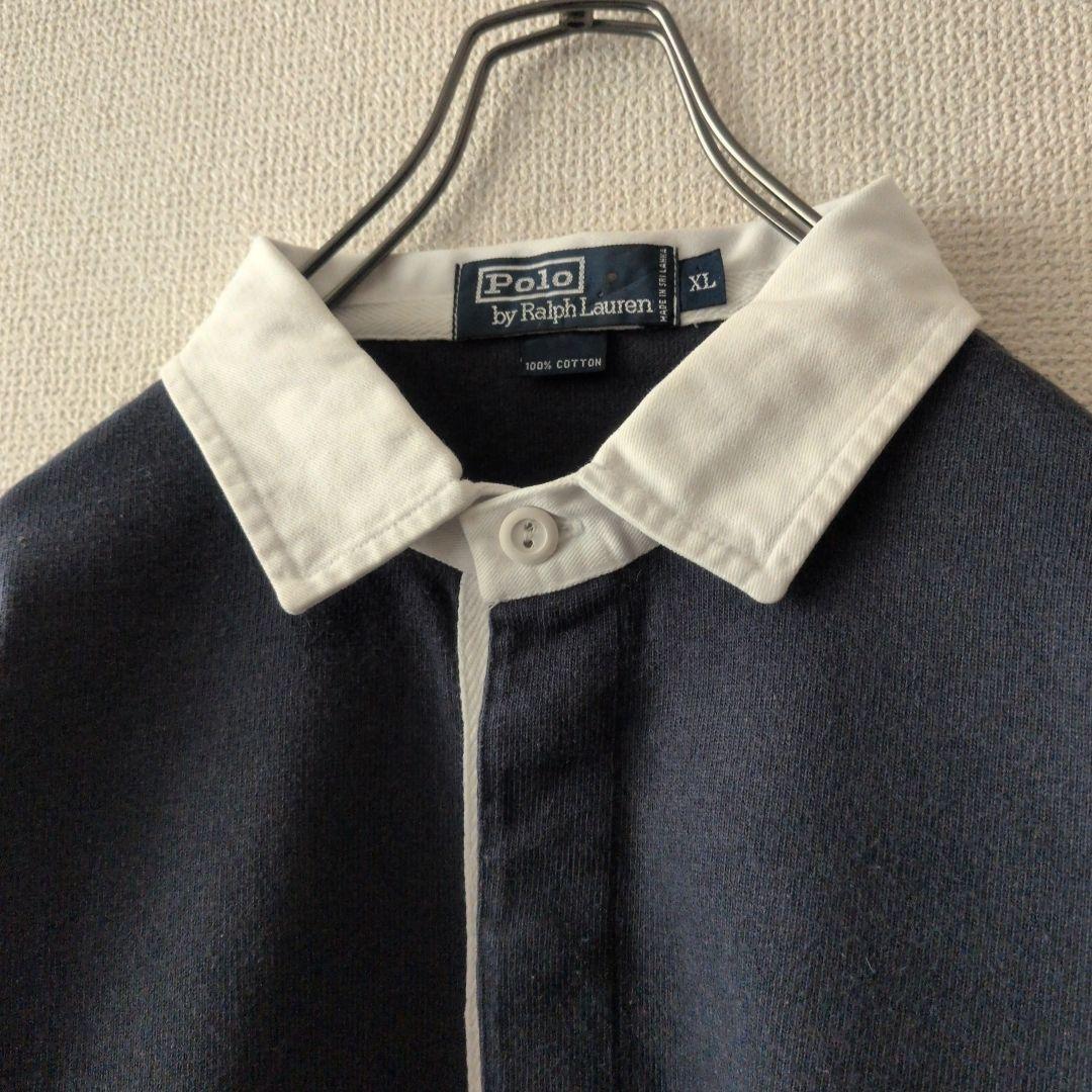 90s ポロバイラルフローレン 刺繍センターロゴ ラガーシャツ XL 紺×白